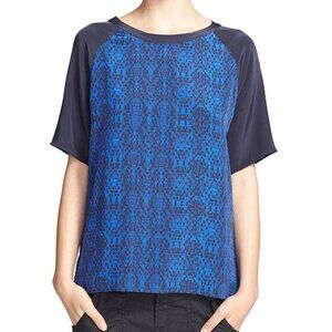 Vince Silk Blouse Women's Cobalt Blue Print Contrast Short Sleeve